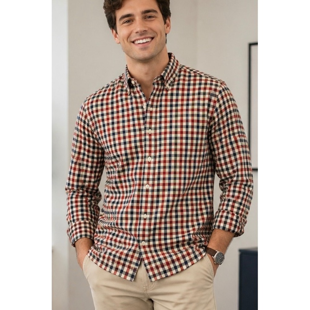 Aeropostale Mens Button Down Shirt Red Blue Plaid Small Gingham Cotton